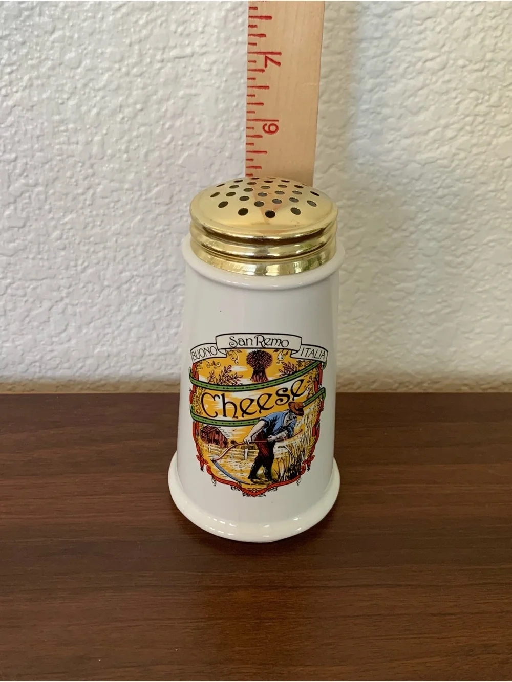 Himark. White Ceramic Cheese Shaker. Vintage Graphic and Gold-Tone Lid